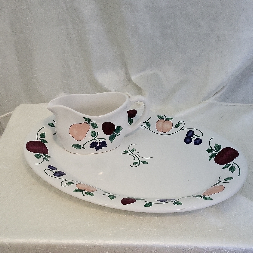 Princess House Orchard Medley Serving Platter and Gravy boat set Vintage 90's
